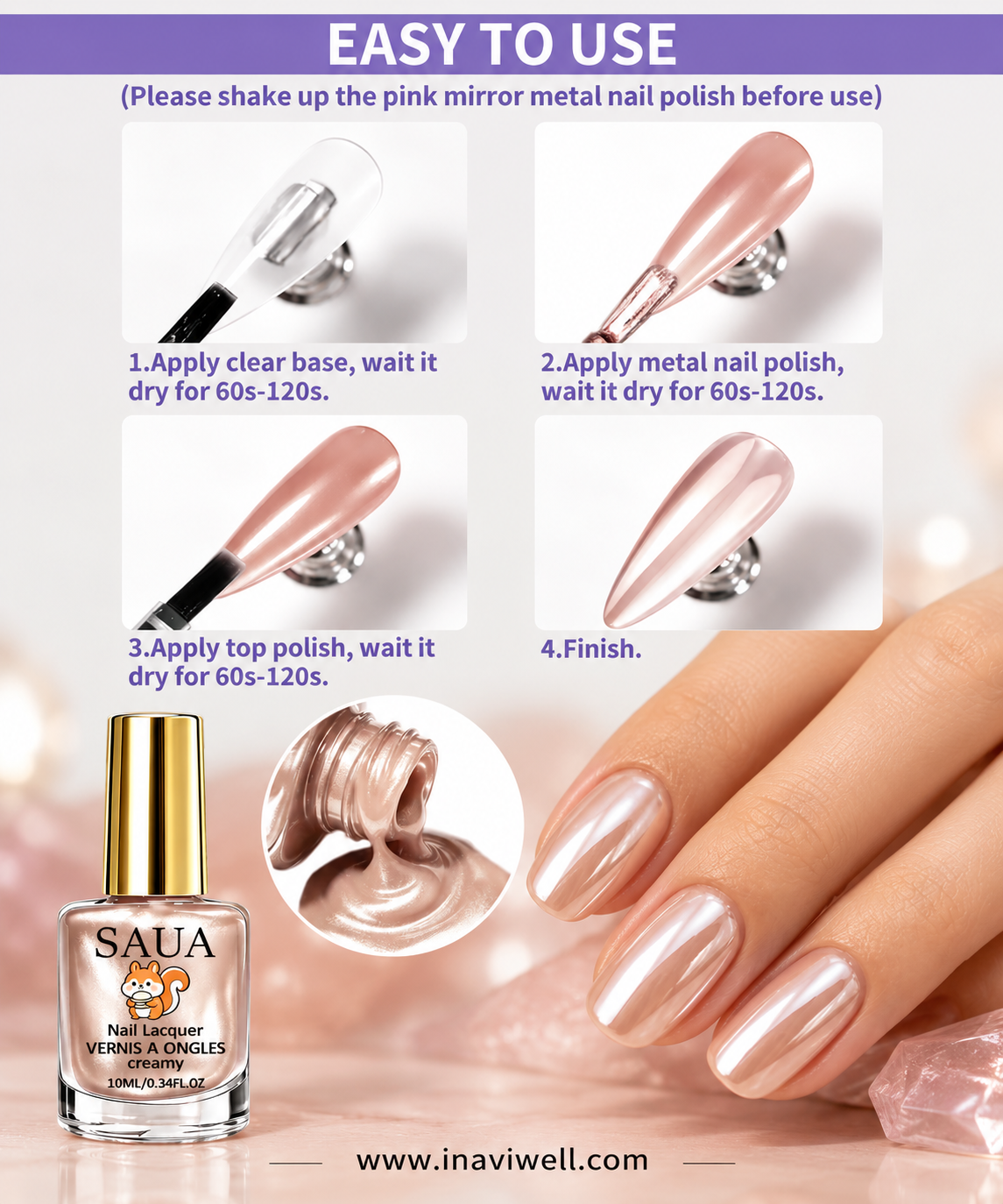SAUA Champagne Pearl Nail Polish 10ml | Fast-Drying High-Gloss Finish