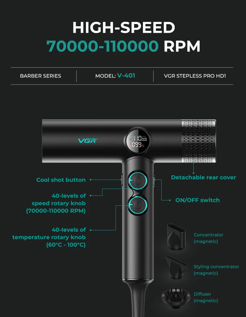 VGR Professional Hair Dryer V-401 | 110,000 RPM Brushless Motor