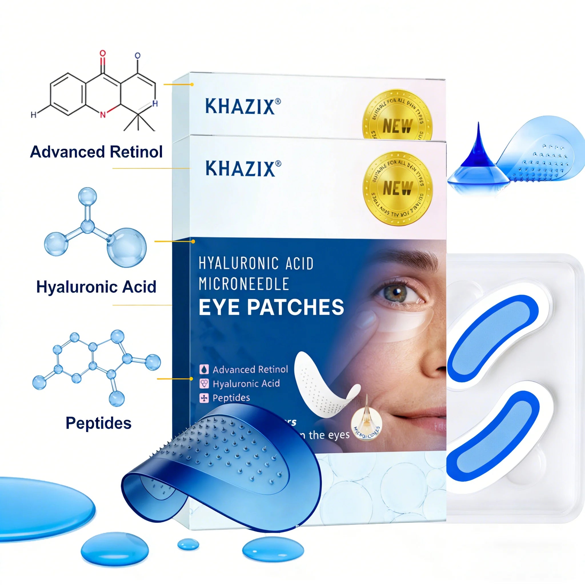 Retinol Microneedle Eye Patches with Hyaluronic Acid & Peptides – Firming Under-Eye Treatment (1 Pair)