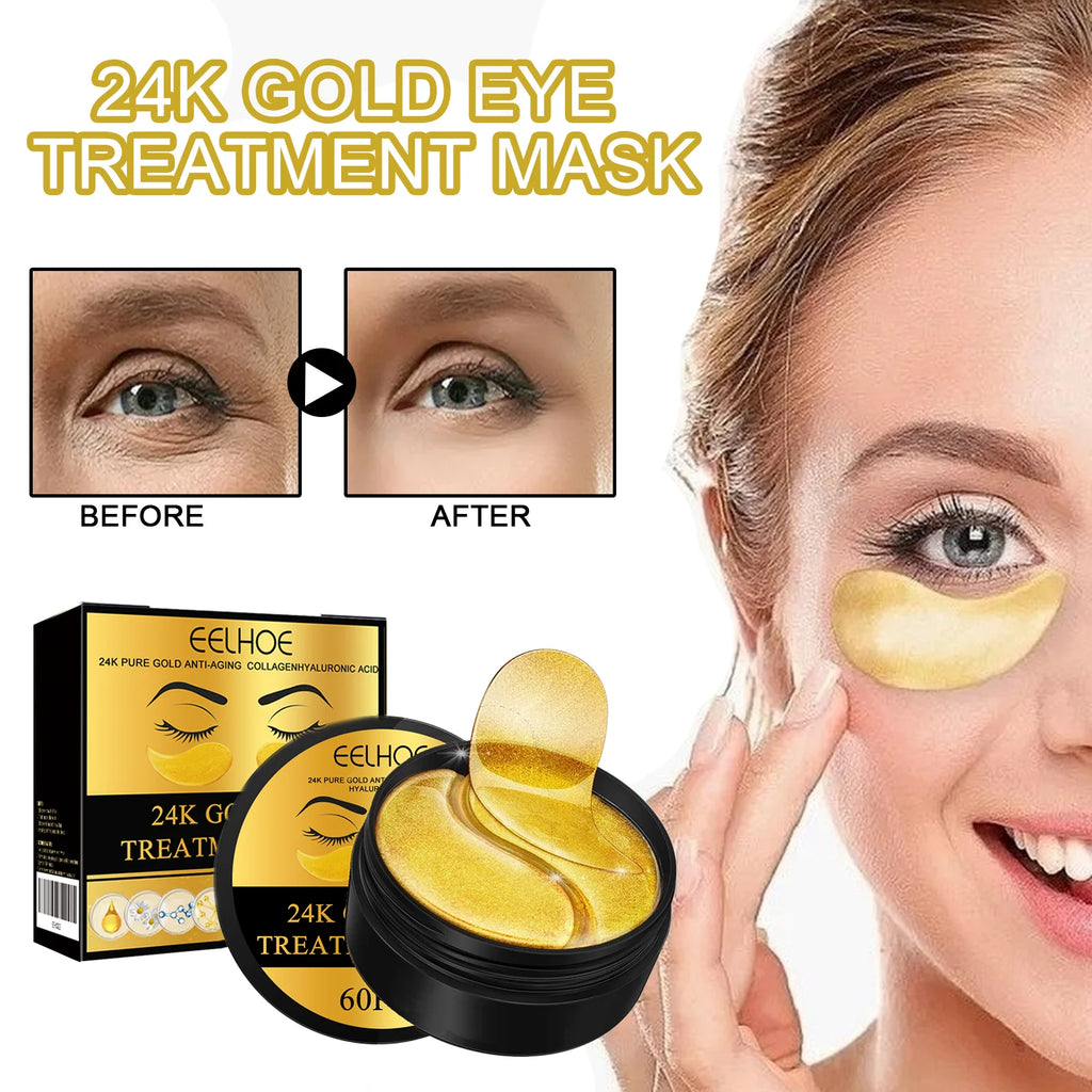 EELHOE 24K Gold Under Eye Patches – Collagen & Hyaluronic Acid Eye Masks for Dark Circles & Puffiness (60 Pcs)