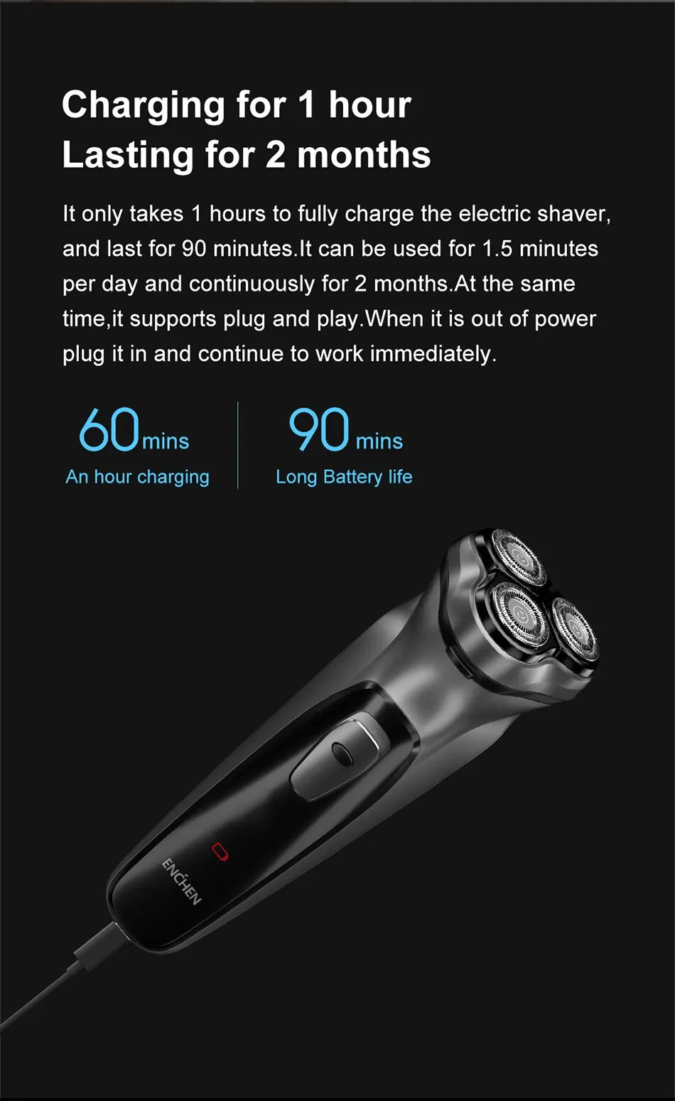 ENCHEN Blackstone Electric Rotary Shaver – 3D Floating Blades | USB Type-C Rechargeable Beard Trimmer