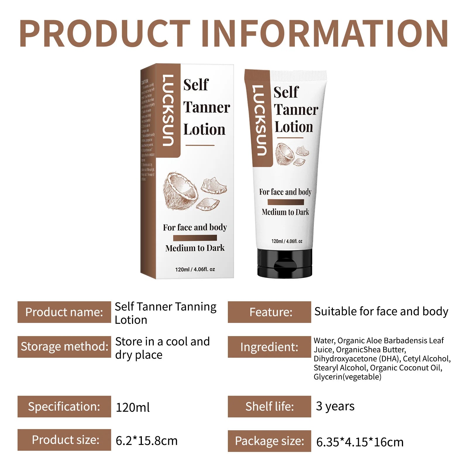 Natural Self-Tanning Lotion for Face & Body – Organic Formula with Aloe & Shea Butter | Medium to Dark Tan | 120ml