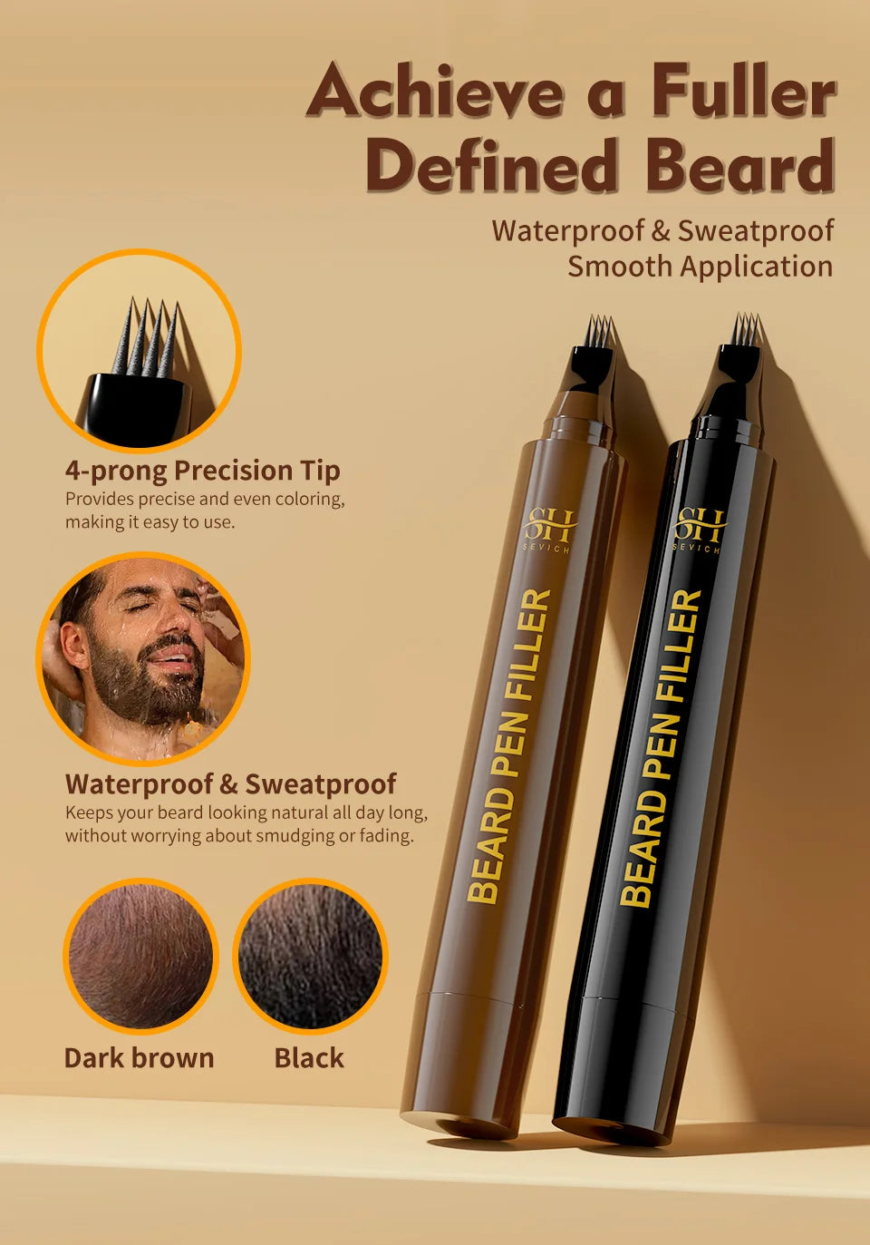 Sevich Waterproof Beard Filler Pen – Instant Beard & Mustache Touch-Up | Natural-Looking Coverage