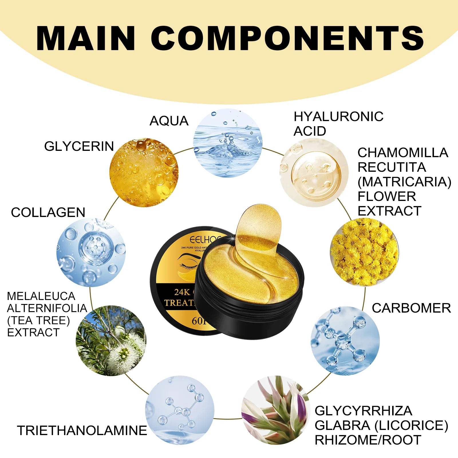 EELHOE 24K Gold Under Eye Patches – Collagen & Hyaluronic Acid Eye Masks for Dark Circles & Puffiness (60 Pcs)
