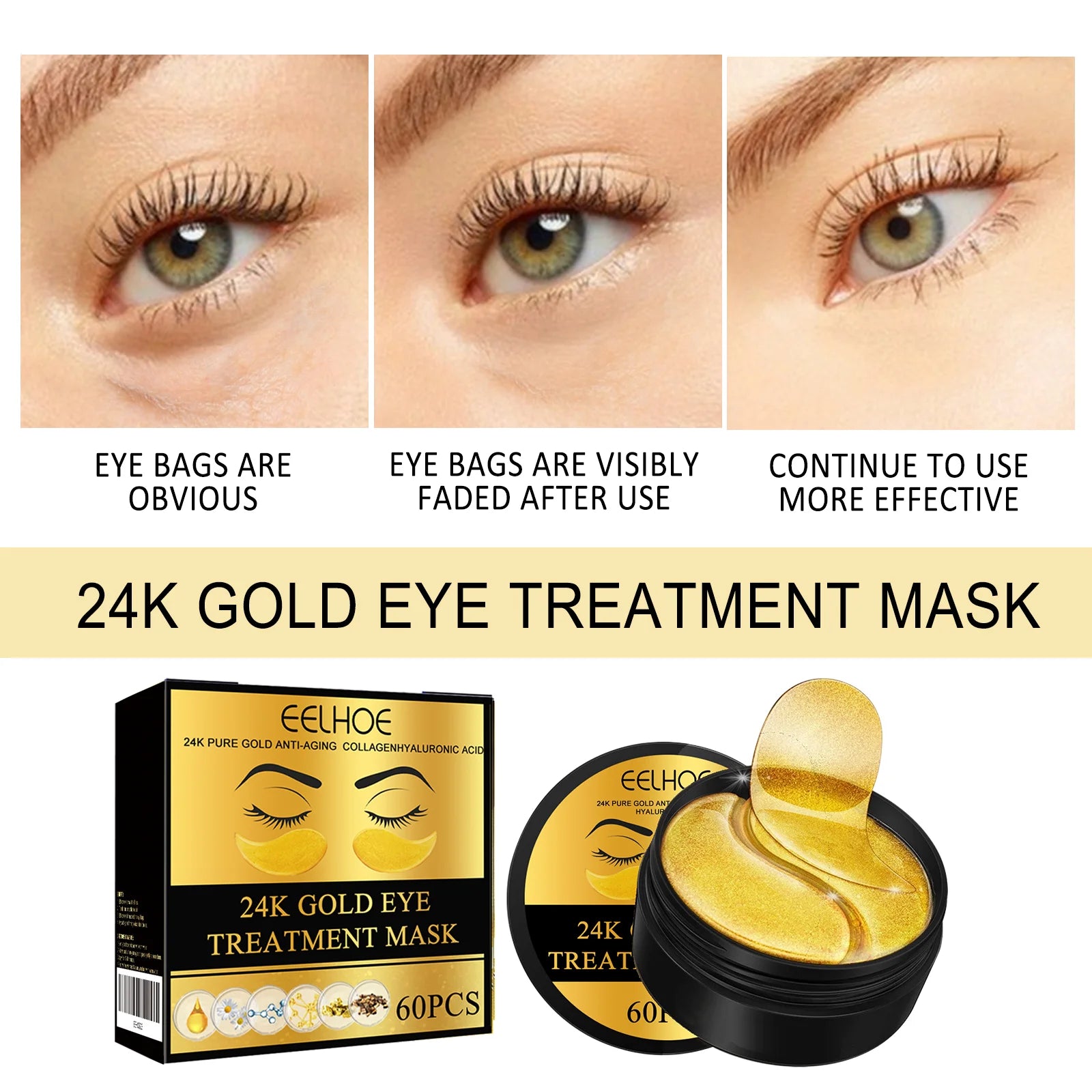 EELHOE 24K Gold Under Eye Patches – Collagen & Hyaluronic Acid Eye Masks for Dark Circles & Puffiness (60 Pcs)