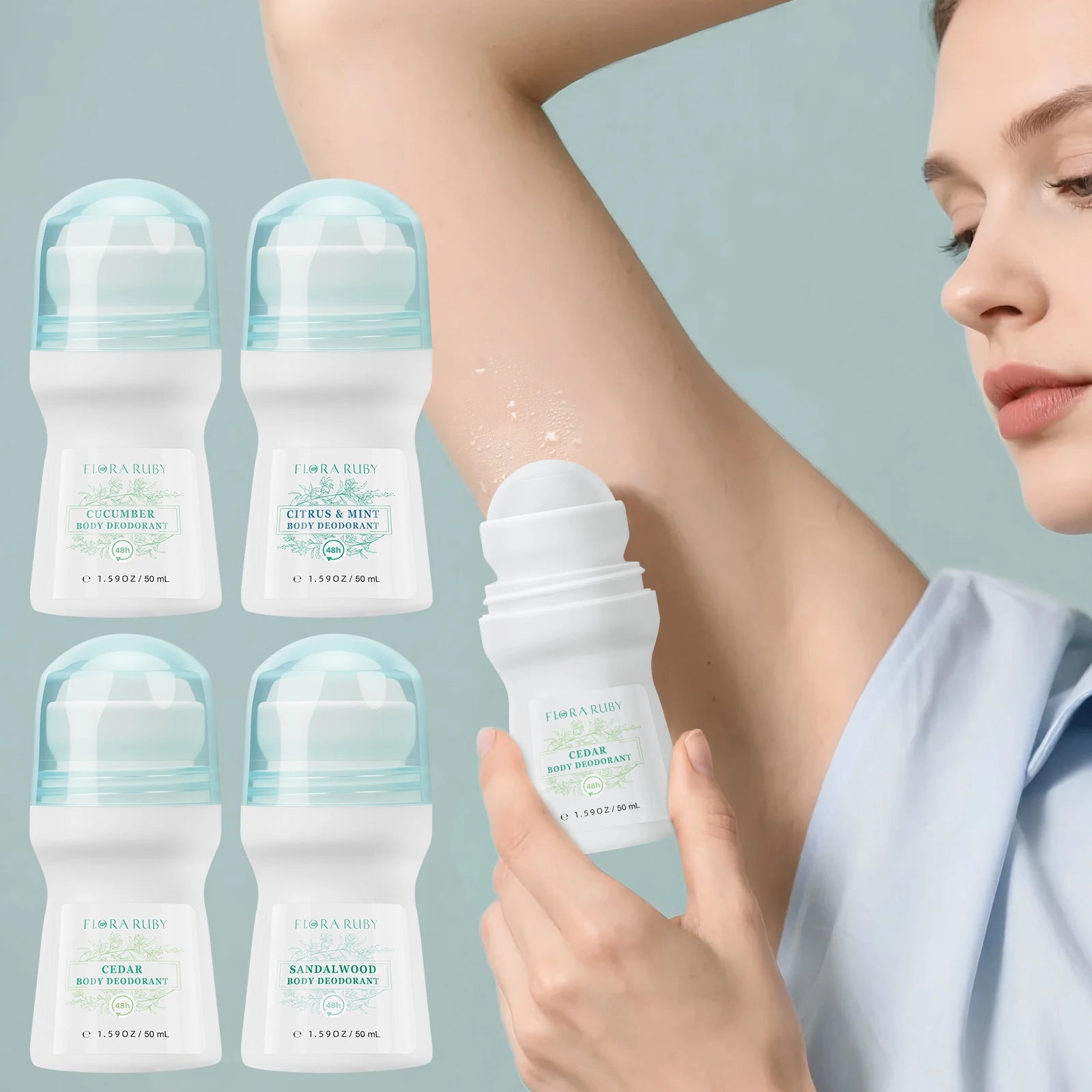 Flora Ruby Light Green Deodorant Roll-On – Aluminum-Free Long-Lasting Freshness for Men & Women