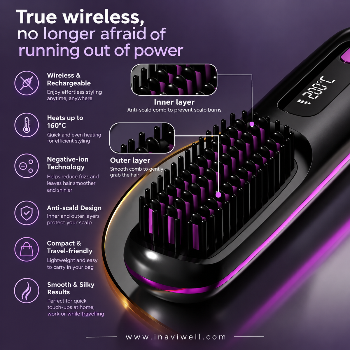 Wireless Hair Straightening Comb | Portable Negative Ion Straightener